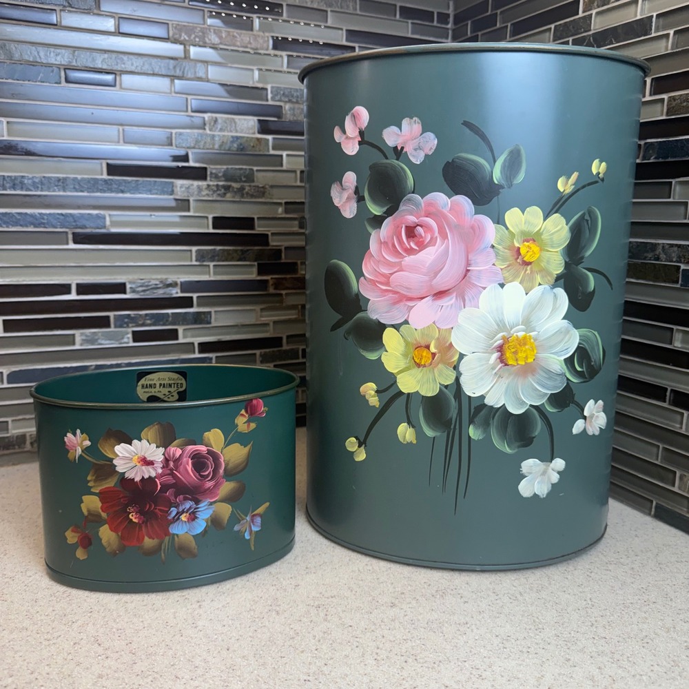 Vintage Hand Painted Floral Toleware Metal Wastebasket and Desk Bin MCM Decor
